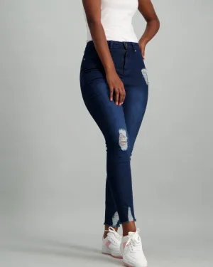 Ladies Dark Wash Ink Frayed Hem Skinny Denim Jean