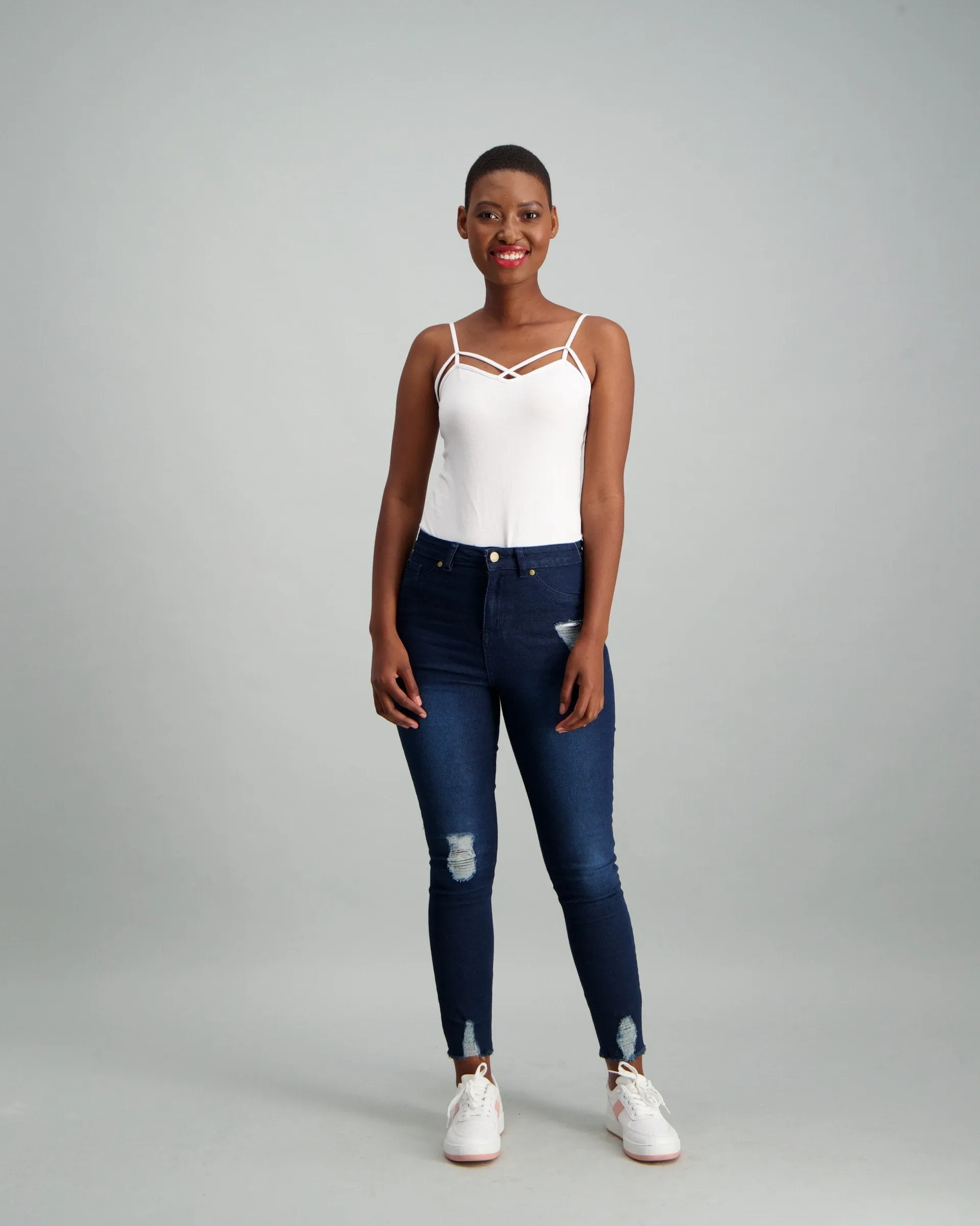 Ladies Dark Wash Ink Frayed Hem Skinny Denim Jean