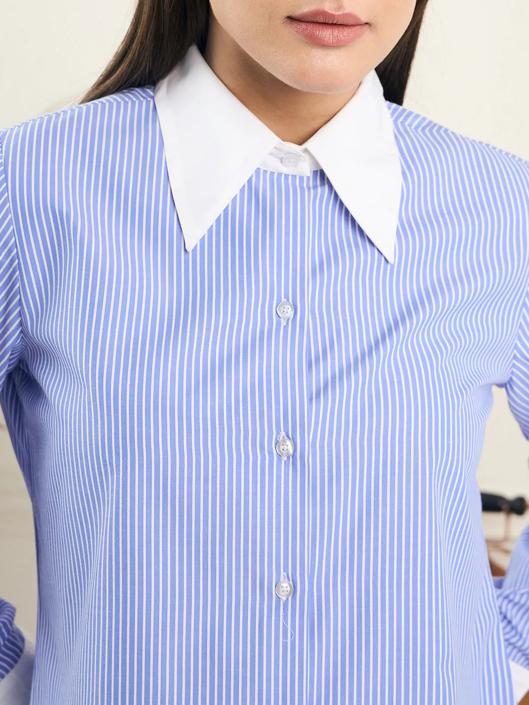 Noi Women Blue and White striped Full Sleeve Banker Shirt