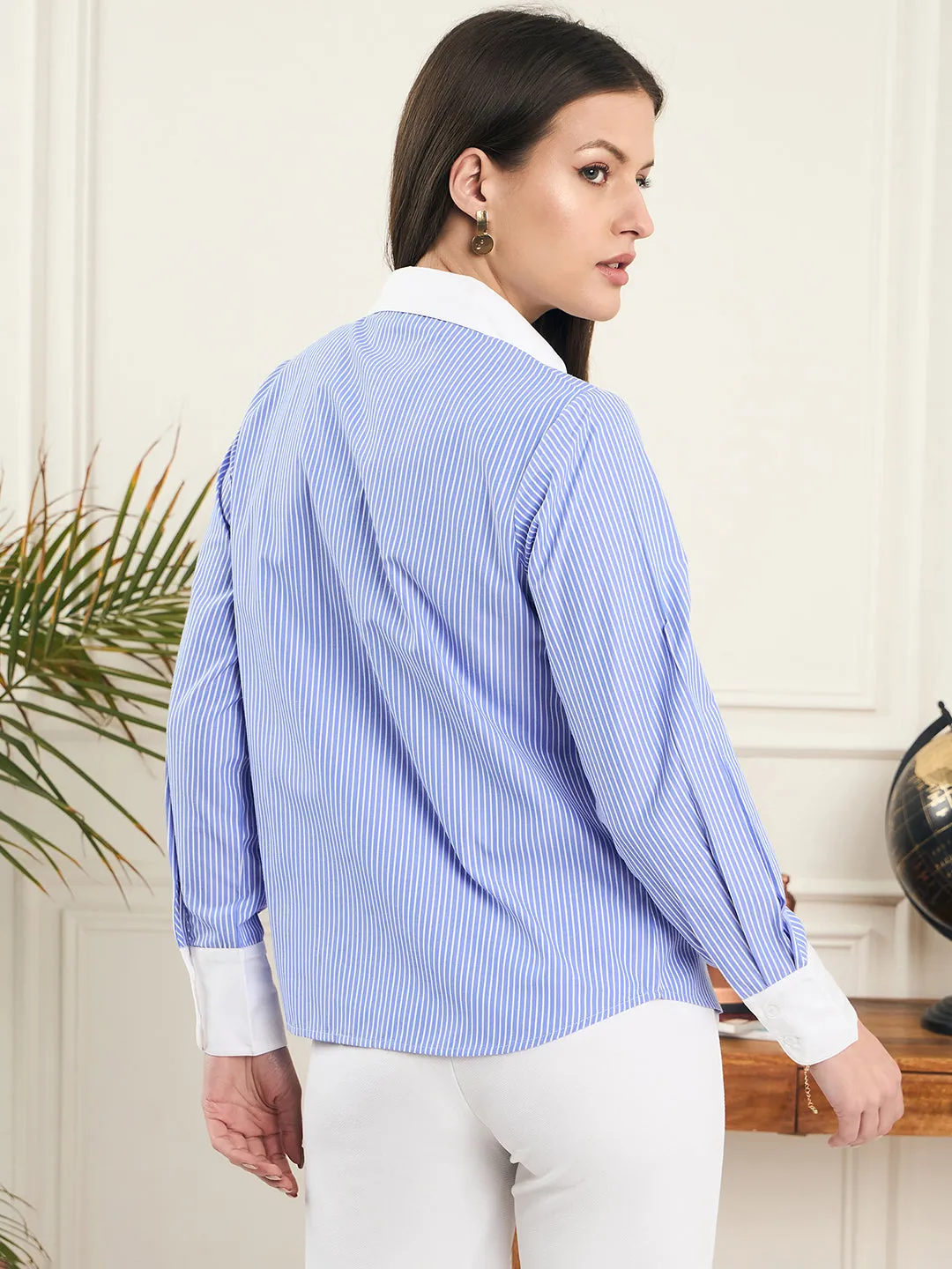 Noi Women Blue and White striped Full Sleeve Banker Shirt