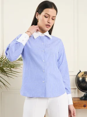 Noi Women Blue and White striped Full Sleeve Banker Shirt