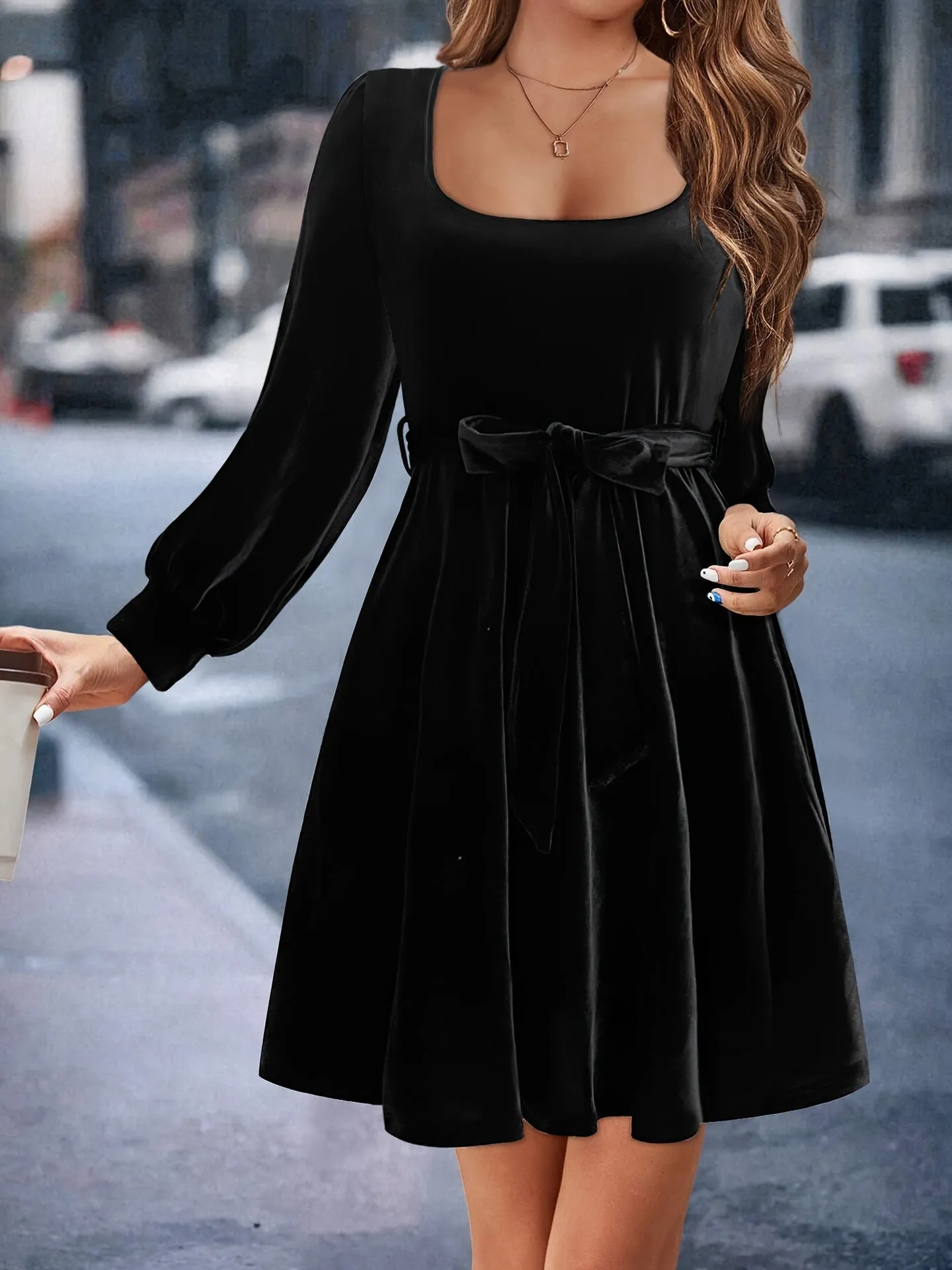 Refined Velvet A-Line Dress with Bow Waist Detail