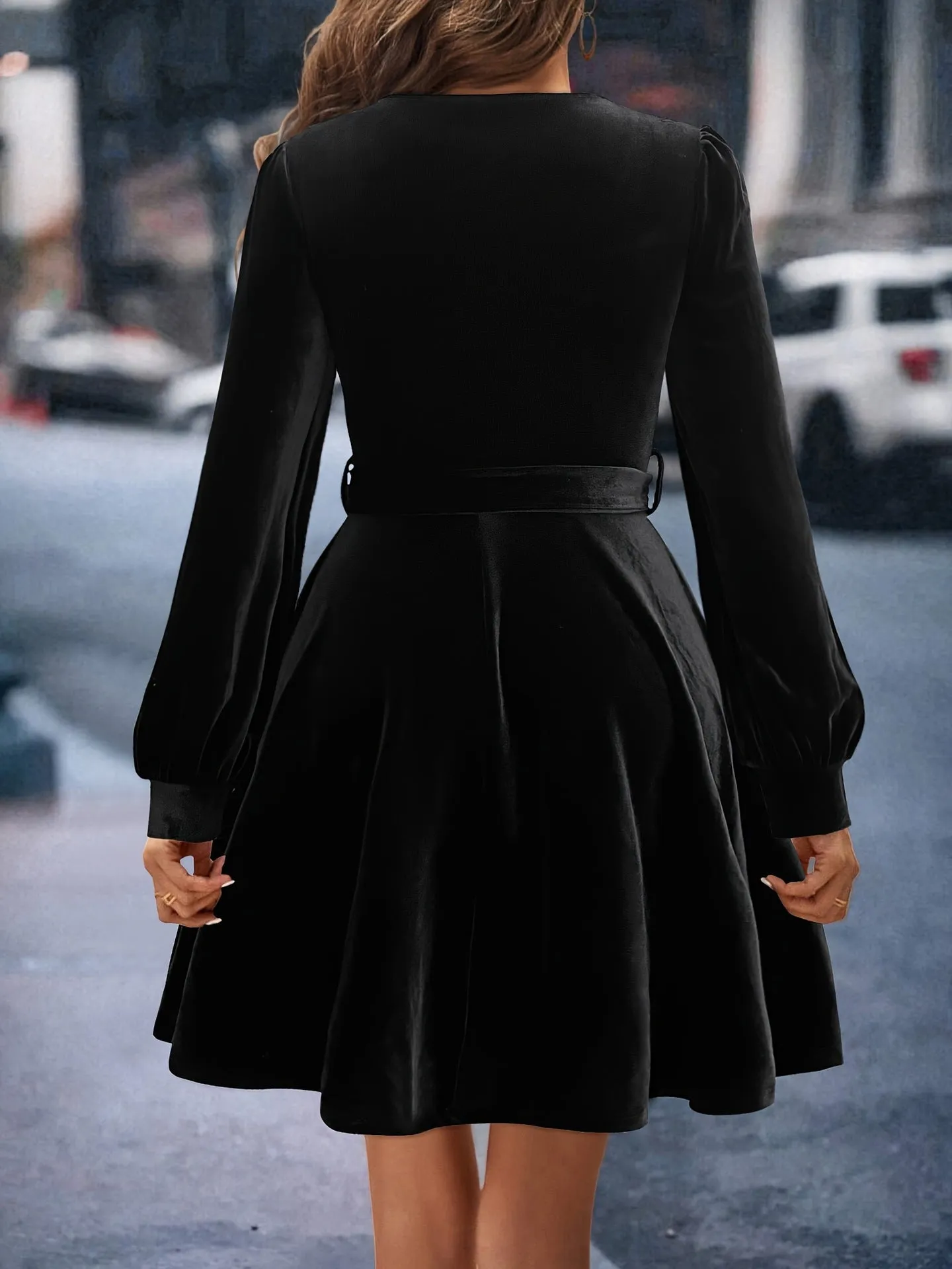 Refined Velvet A-Line Dress with Bow Waist Detail