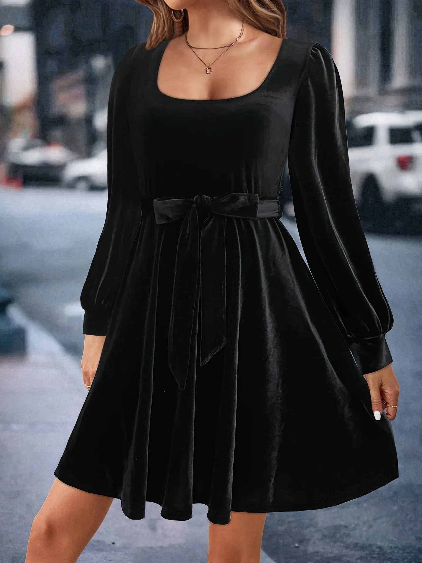 Refined Velvet A-Line Dress with Bow Waist Detail