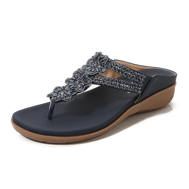 Rhinestone Floral Embroidered Slip On Sandals