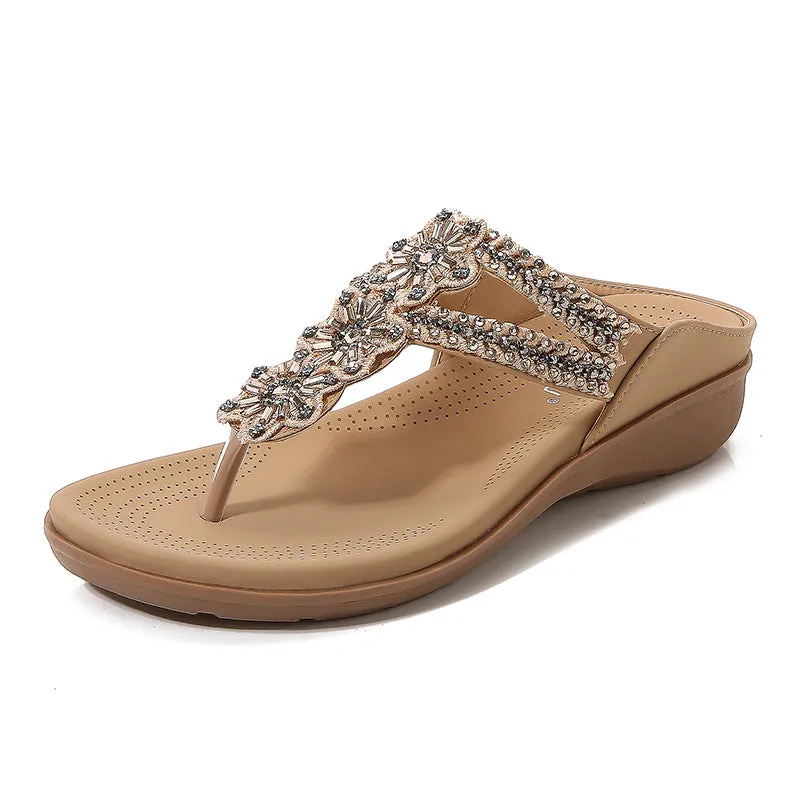 Rhinestone Floral Embroidered Slip On Sandals