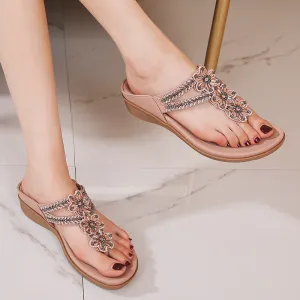 Rhinestone Floral Embroidered Slip On Sandals