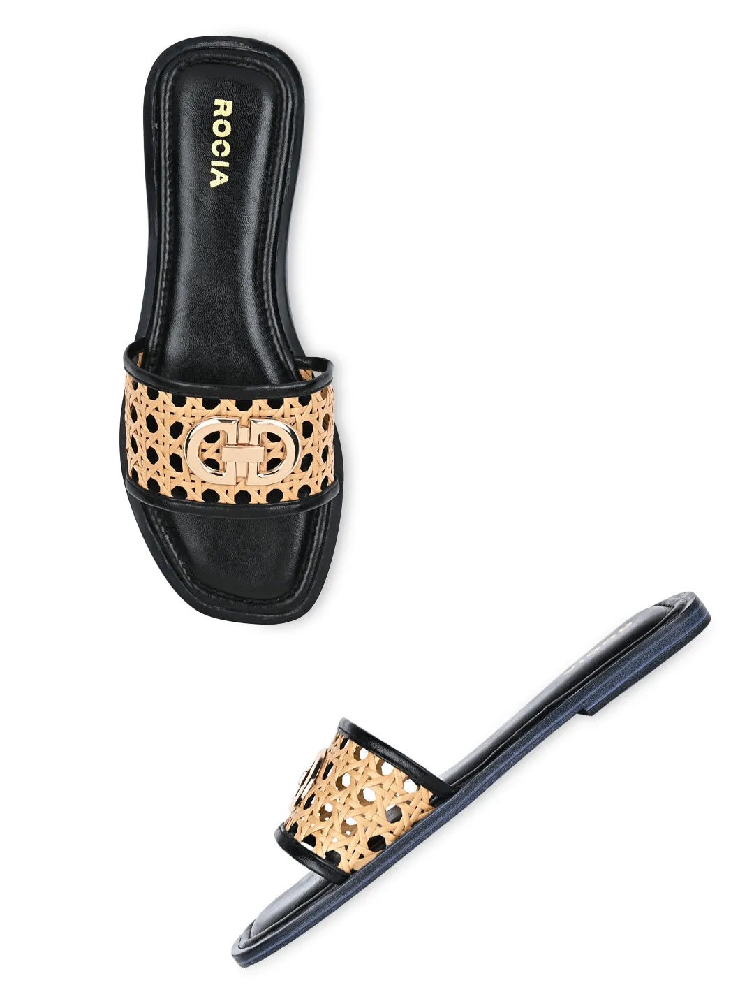 Rocia By Regal Black Women Cane Buckled Sliders