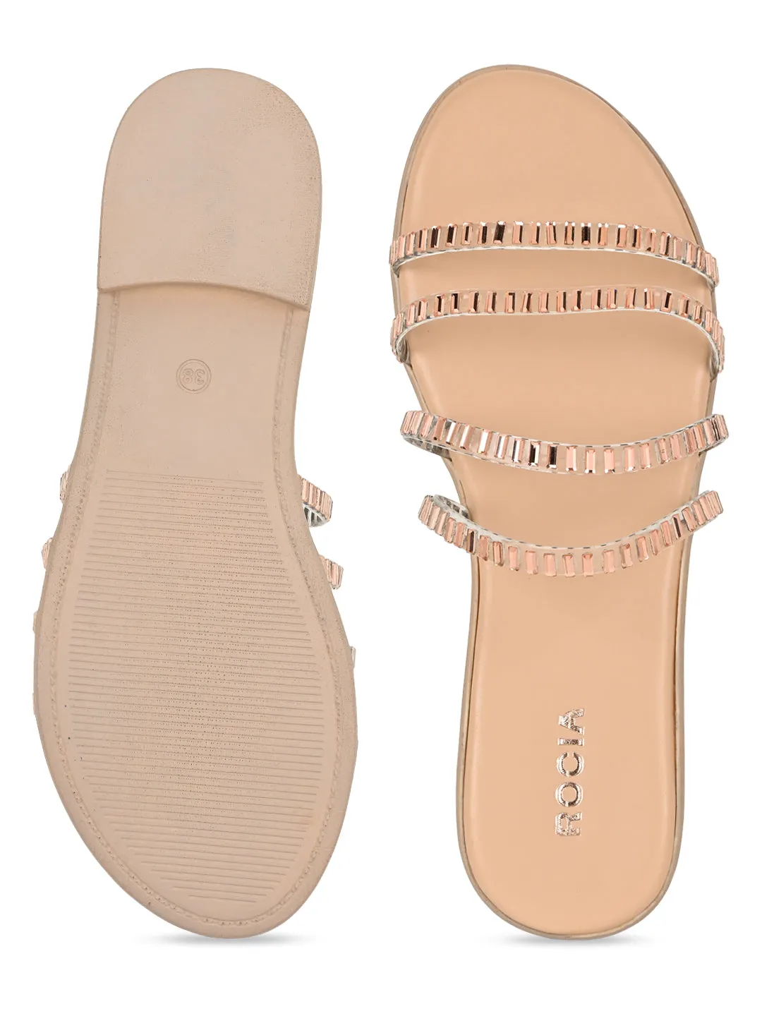 Rocia By Regal Rose Gold Women Casual Strappy Studded Flats