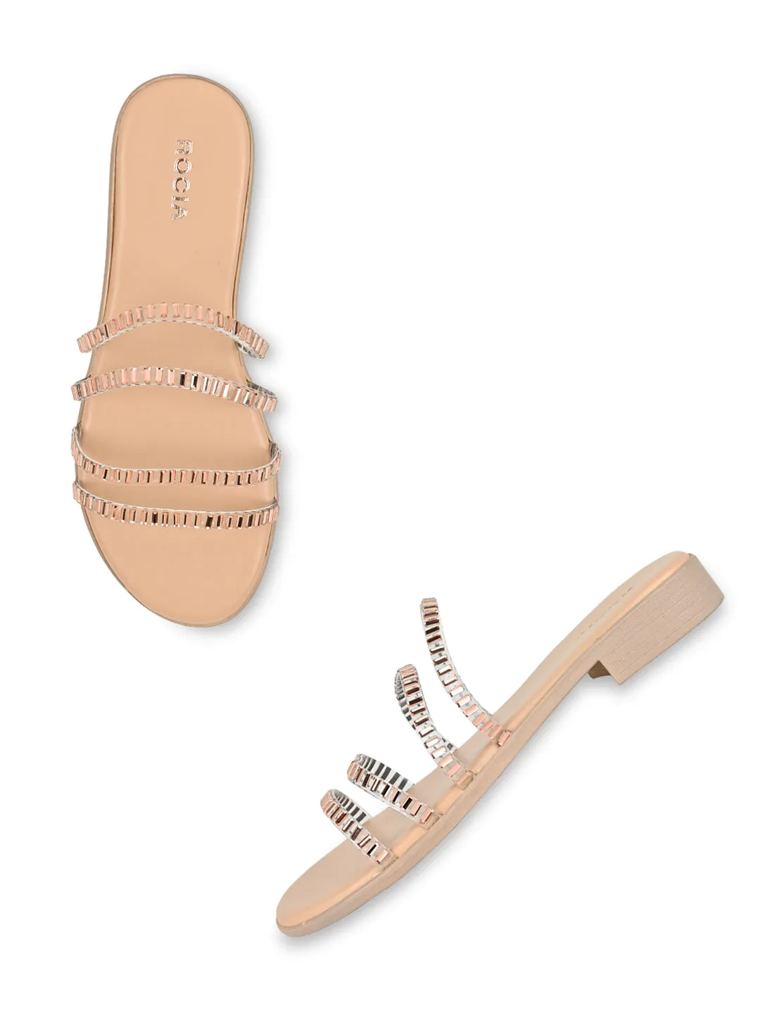 Rocia By Regal Rose Gold Women Casual Strappy Studded Flats