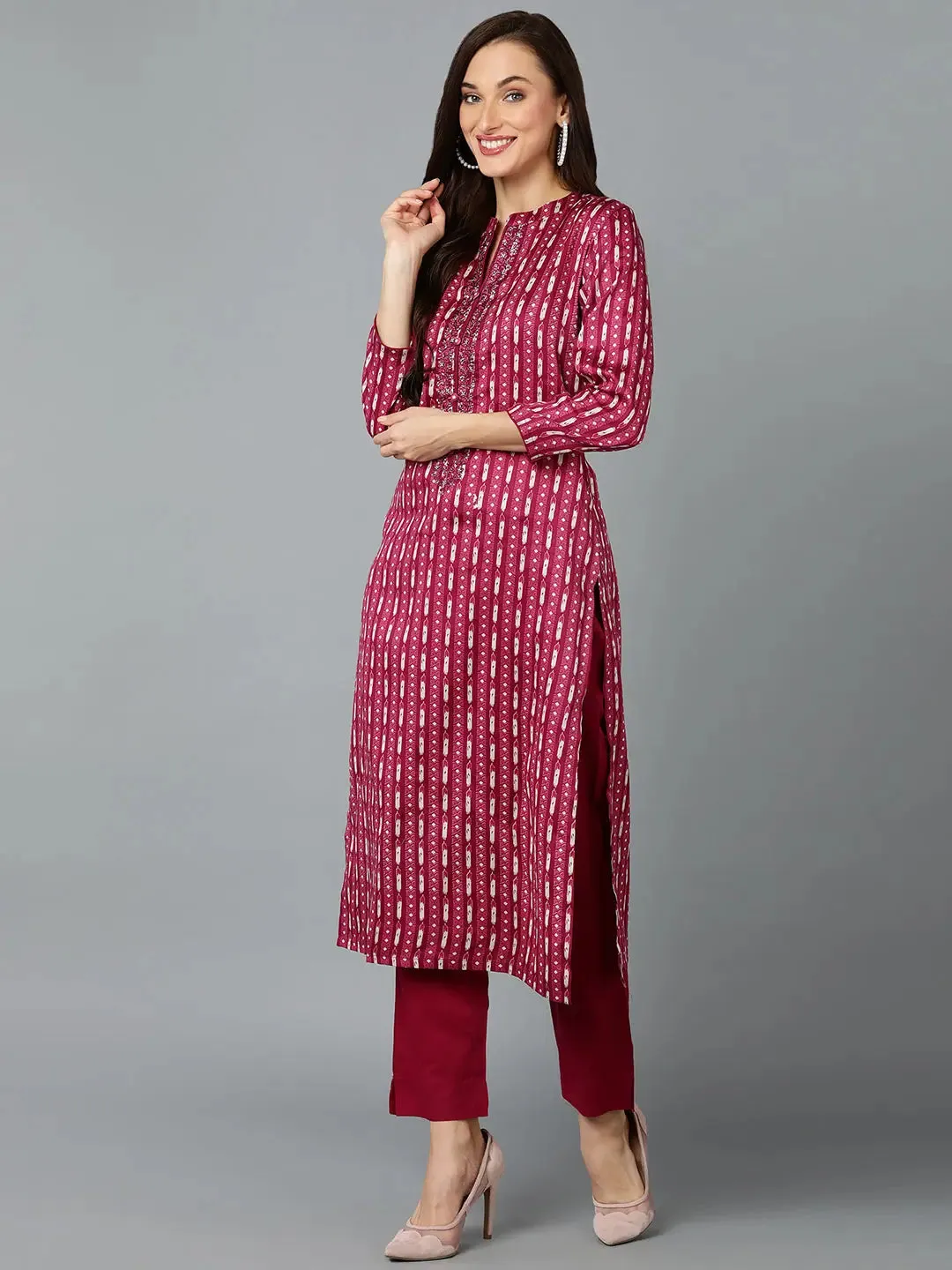 Silk Blend Tyrian Purple Straight Kurta Pant-VKSKD1811A