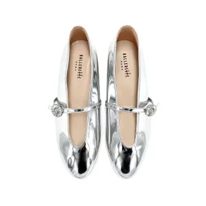 Silver Mirrored Ballet Flats with V-Cut and Jeweled Strap
