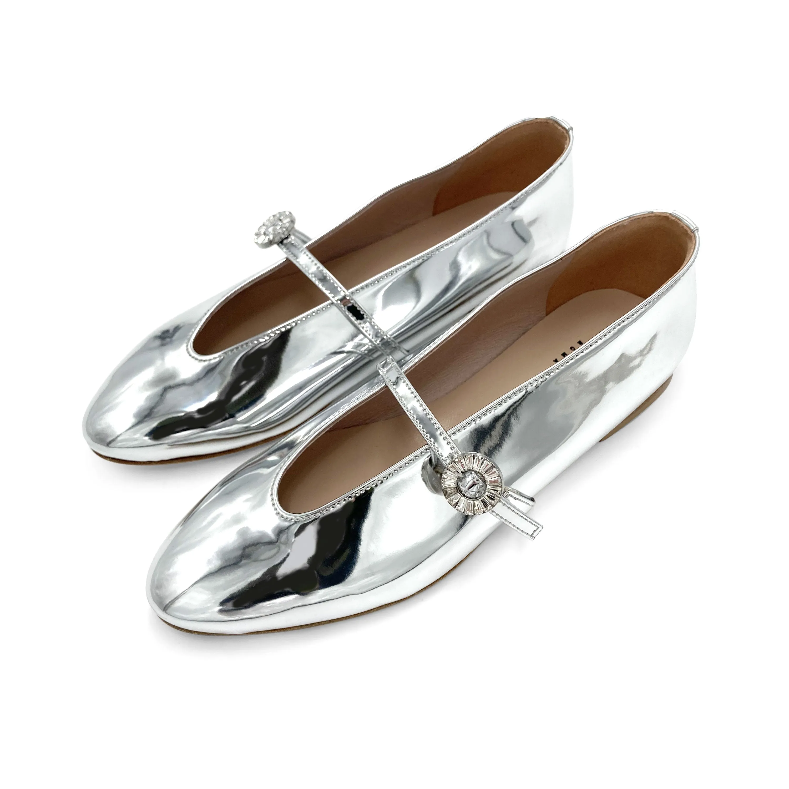 Silver Mirrored Ballet Flats with V-Cut and Jeweled Strap