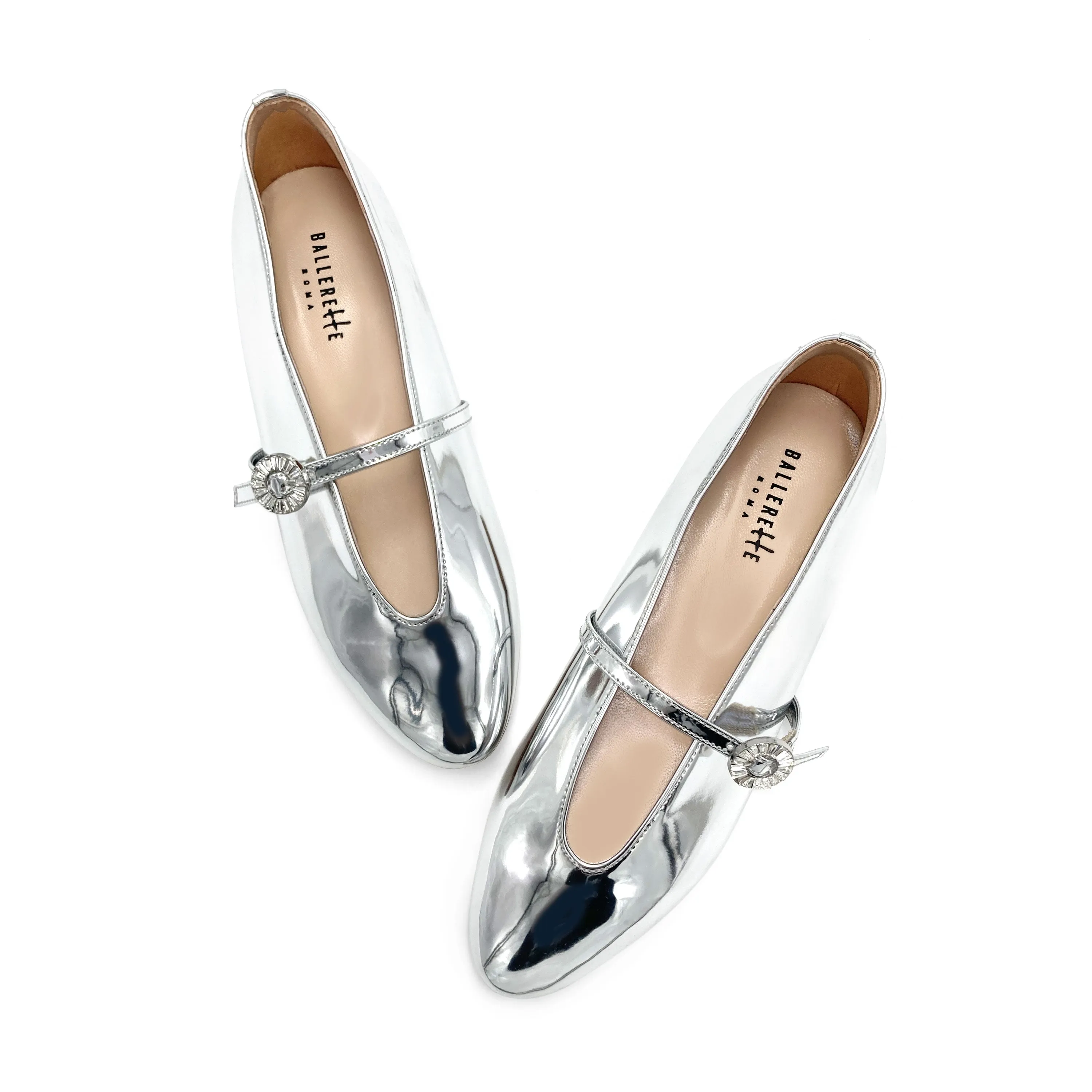 Silver Mirrored Ballet Flats with V-Cut and Jeweled Strap