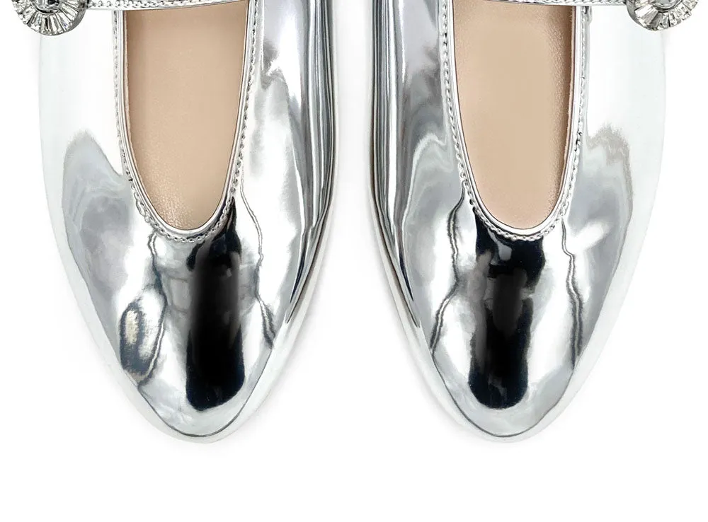 Silver Mirrored Ballet Flats with V-Cut and Jeweled Strap