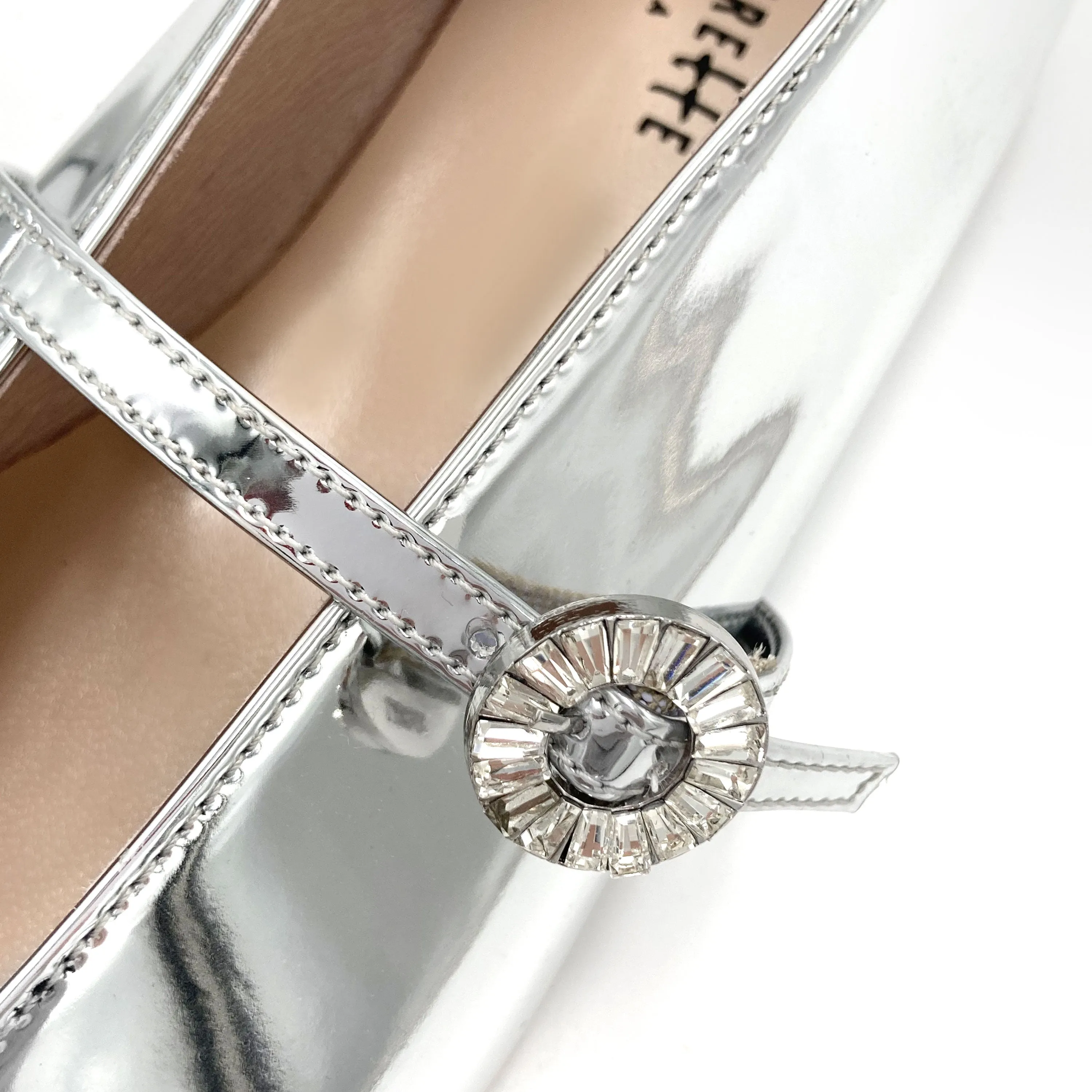 Silver Mirrored Ballet Flats with V-Cut and Jeweled Strap