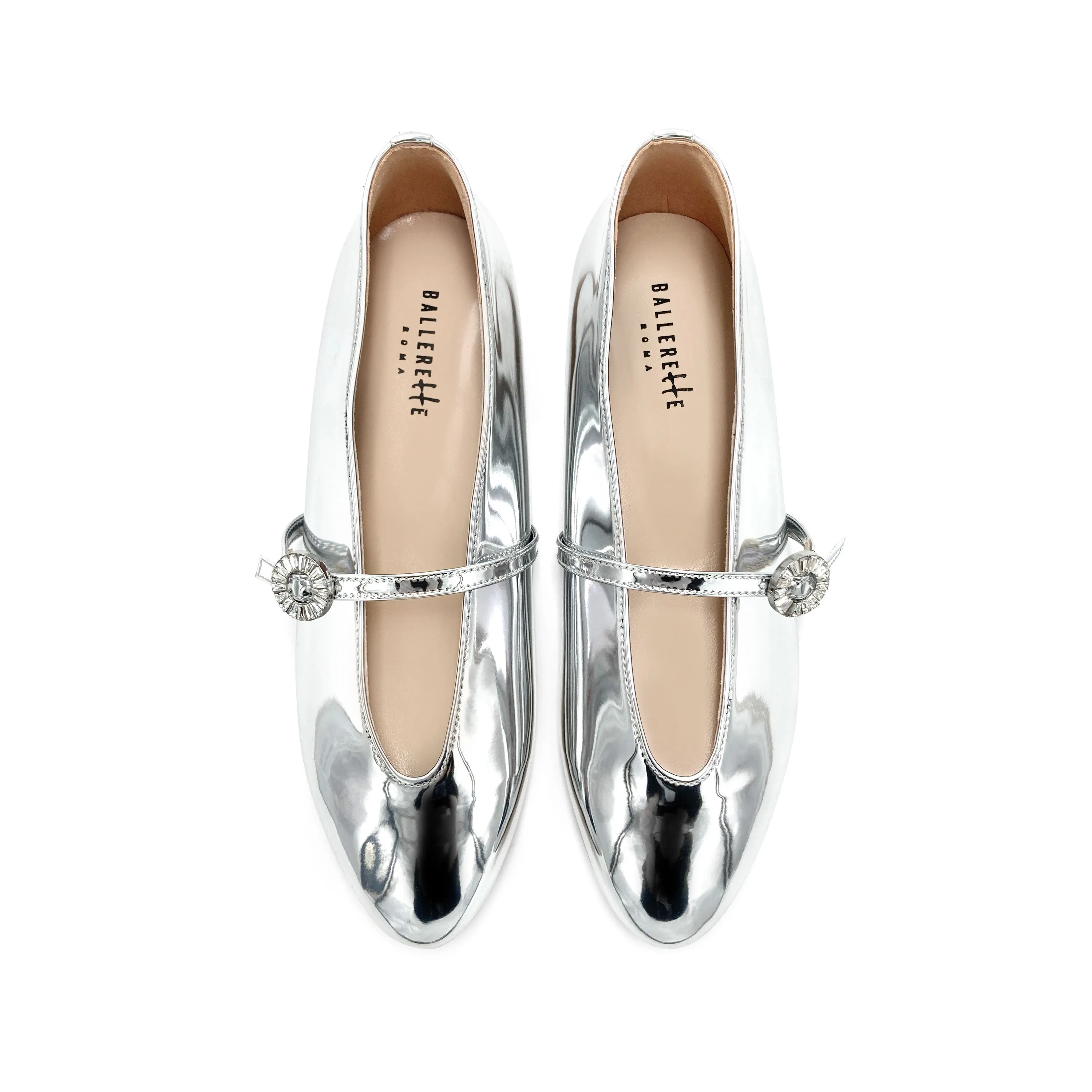 Silver Mirrored Ballet Flats with V-Cut and Jeweled Strap