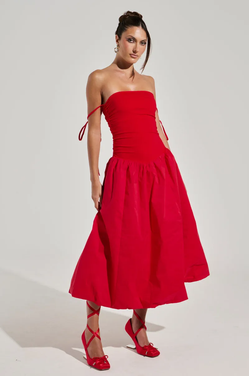 SITTING PRETTY POPLIN MIDI DRESS IN RED