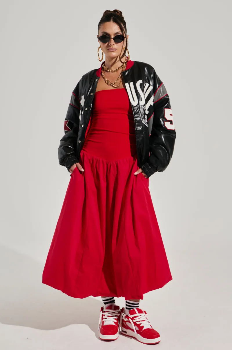 SITTING PRETTY POPLIN MIDI DRESS IN RED