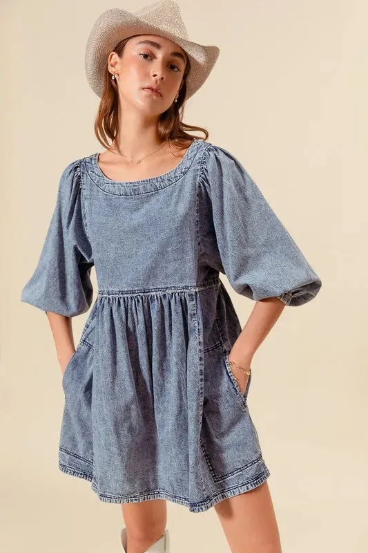 SO ME Washed and Distressed Mini Denim Dress