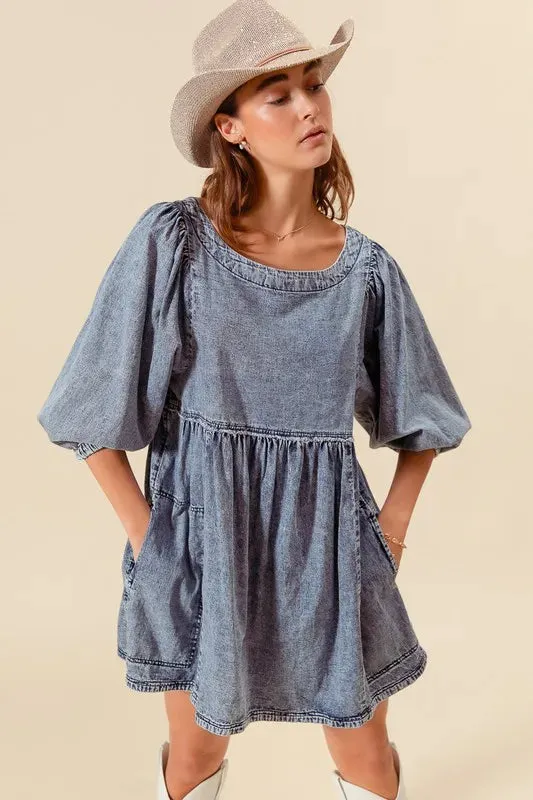 SO ME Washed and Distressed Mini Denim Dress