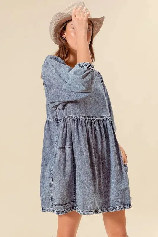 SO ME Washed and Distressed Mini Denim Dress