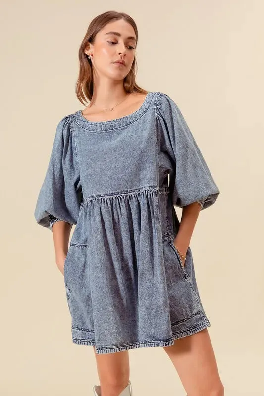SO ME Washed and Distressed Mini Denim Dress