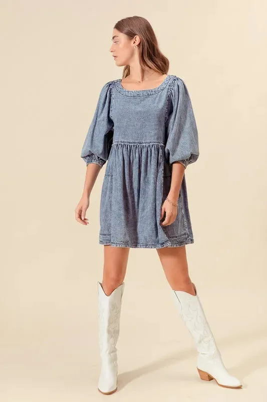 SO ME Washed and Distressed Mini Denim Dress