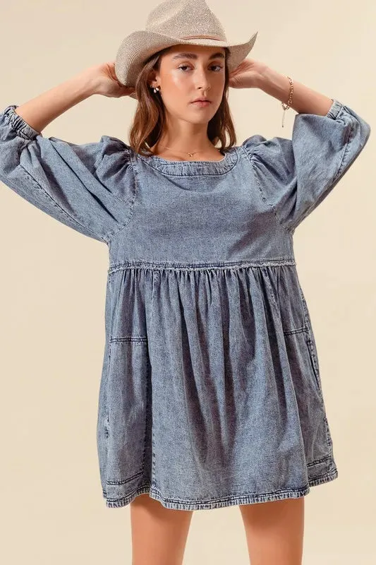 SO ME Washed and Distressed Mini Denim Dress