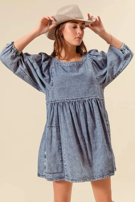 SO ME Washed and Distressed Mini Denim Dress