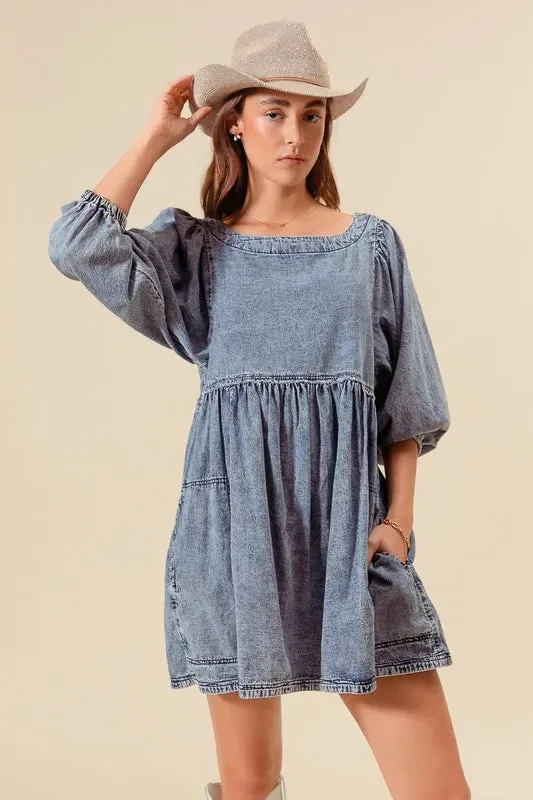 SO ME Washed and Distressed Mini Denim Dress