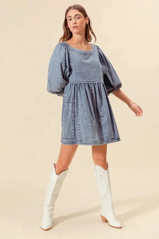 SO ME Washed and Distressed Mini Denim Dress