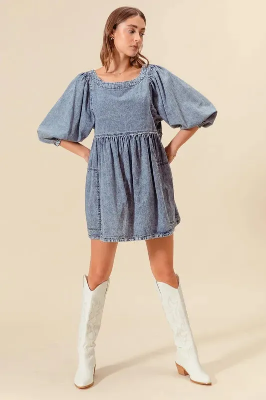 SO ME Washed and Distressed Mini Denim Dress