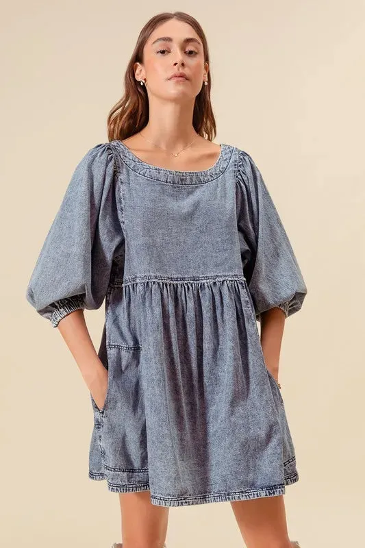 SO ME Washed and Distressed Mini Denim Dress
