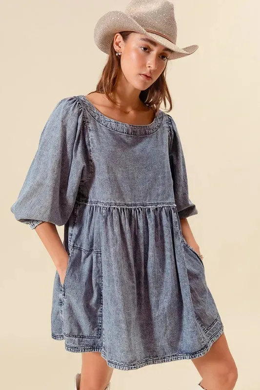 SO ME Washed and Distressed Mini Denim Dress