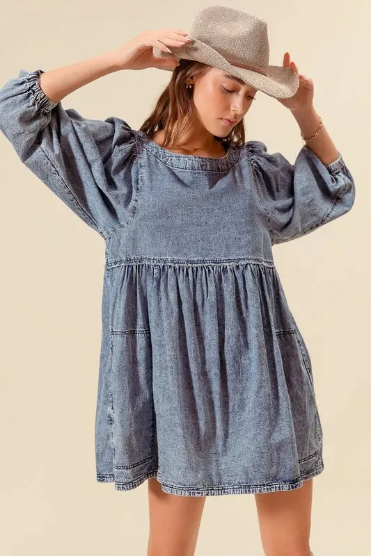 SO ME Washed and Distressed Mini Denim Dress