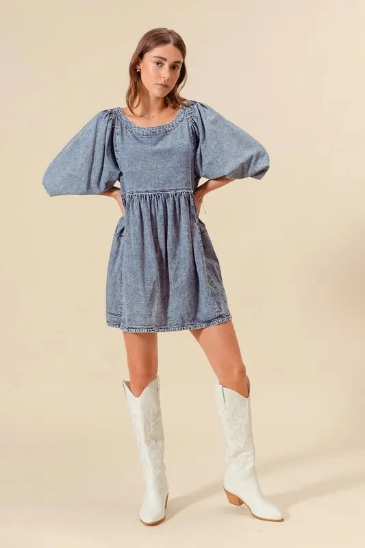 SO ME Washed and Distressed Mini Denim Dress