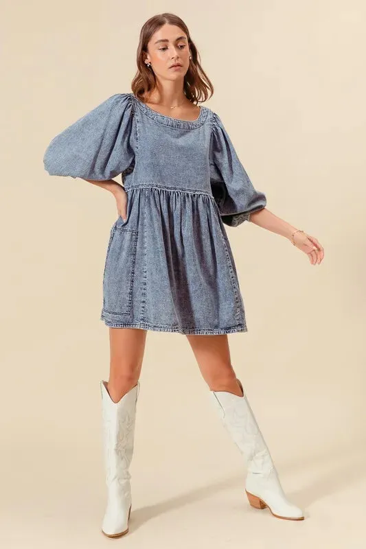 SO ME Washed and Distressed Mini Denim Dress