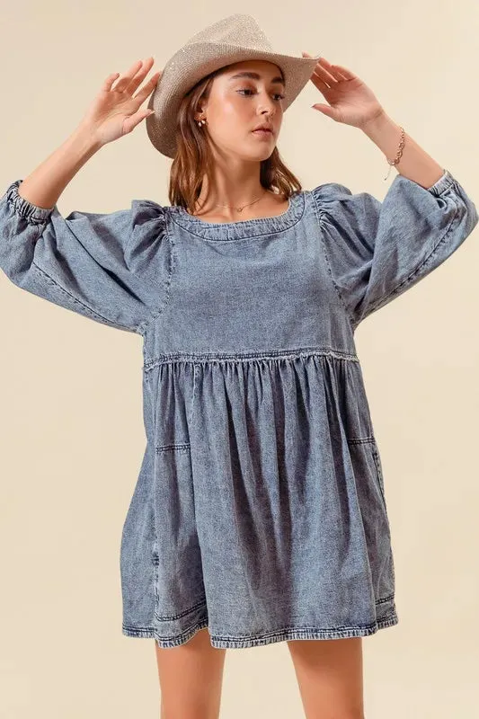 SO ME Washed and Distressed Mini Denim Dress