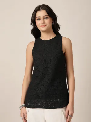 Style Quotient Women Black Solid Self Design Top
