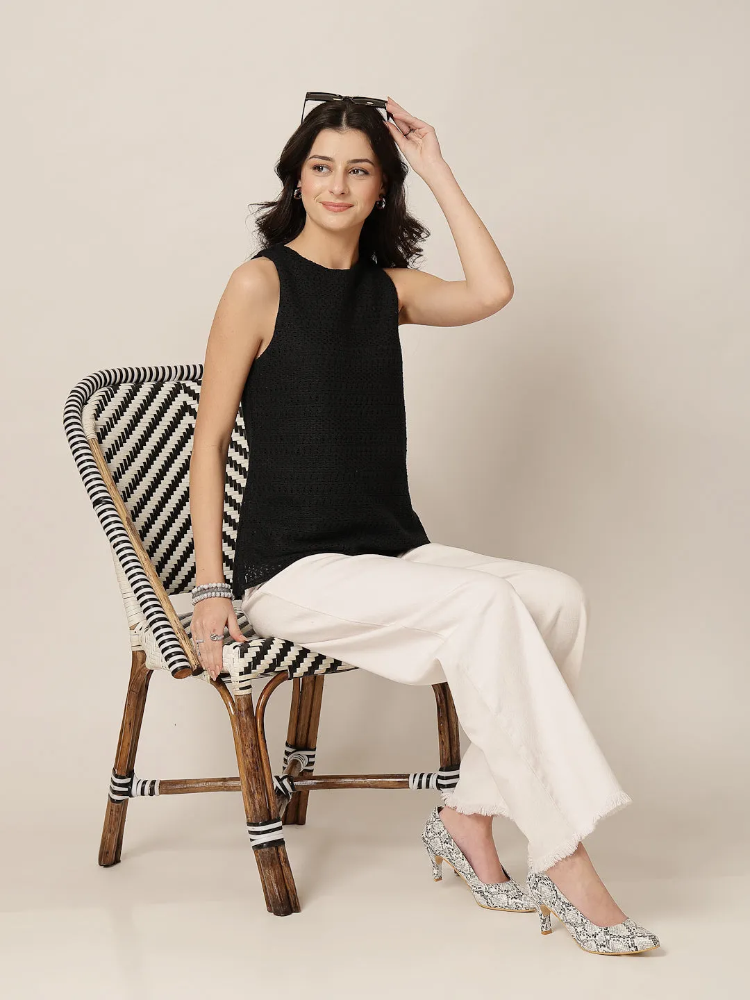 Style Quotient Women Black Solid Self Design Top
