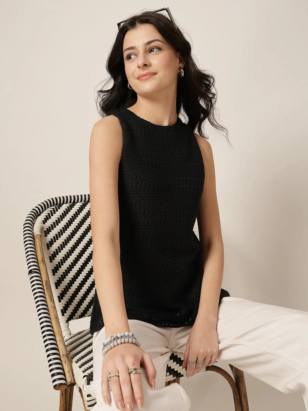 Style Quotient Women Black Solid Self Design Top