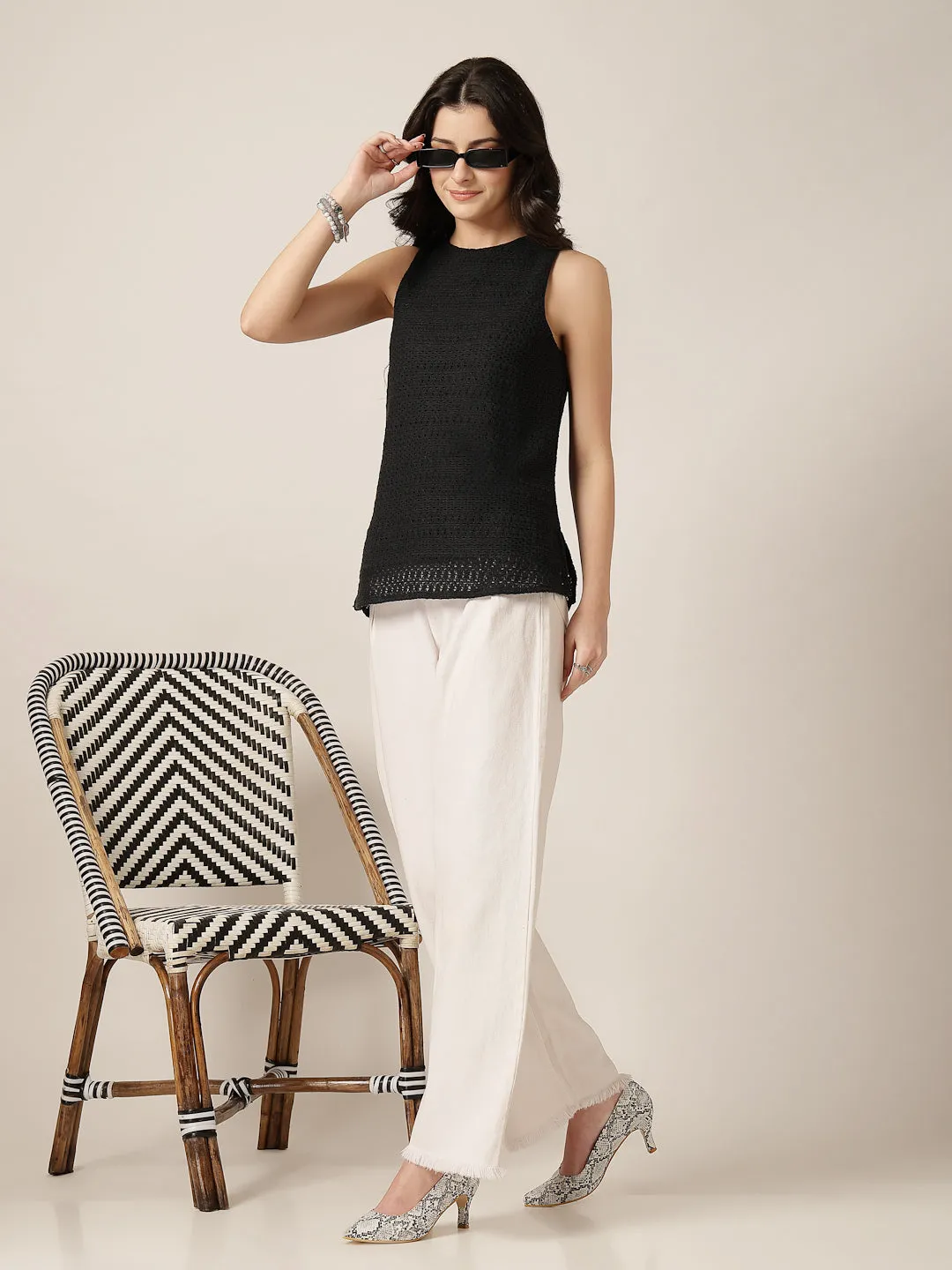 Style Quotient Women Black Solid Self Design Top