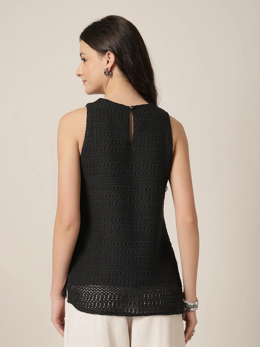 Style Quotient Women Black Solid Self Design Top