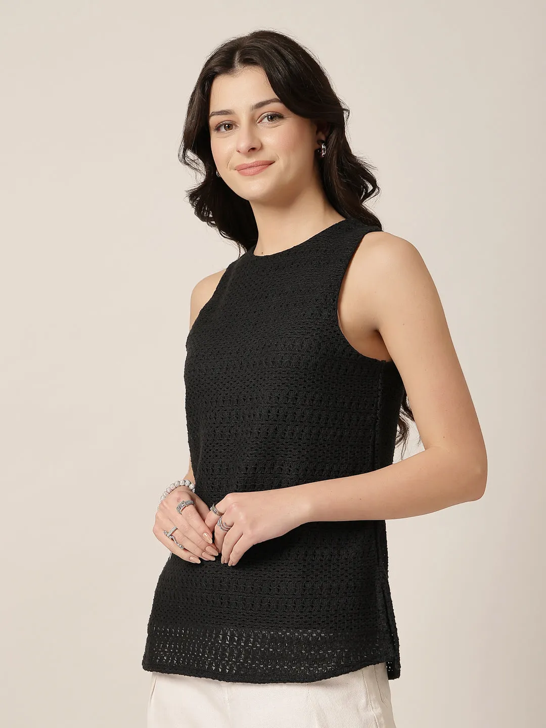 Style Quotient Women Black Solid Self Design Top