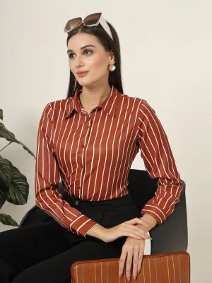 Style Quotient Women Brown And White Stripe Printed Polyester  Regular Fit Formal Shirt