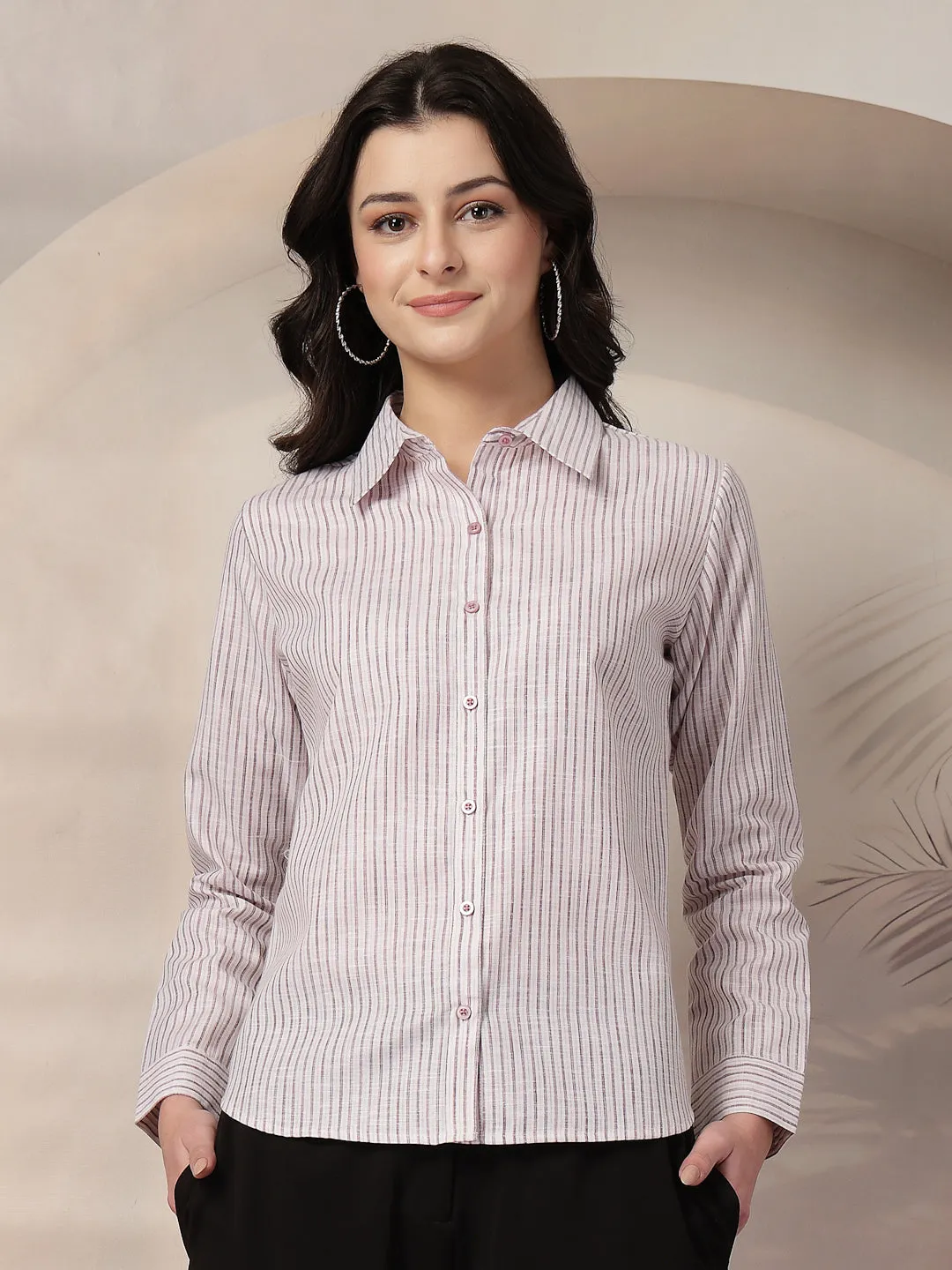 Style Quotient Women Mauve and Off White Stripe Linen Regular Fit Formal Shirt