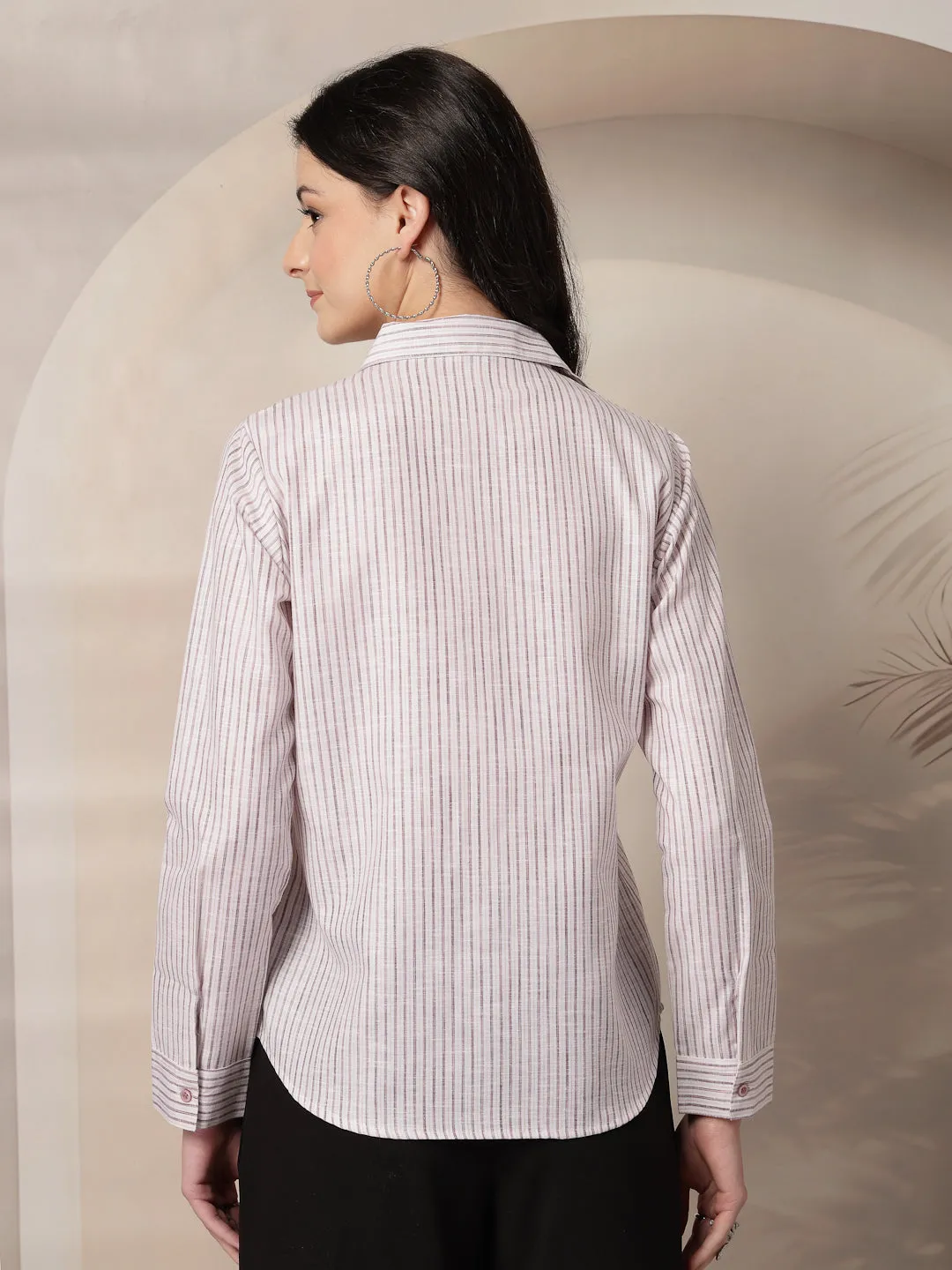 Style Quotient Women Mauve and Off White Stripe Linen Regular Fit Formal Shirt
