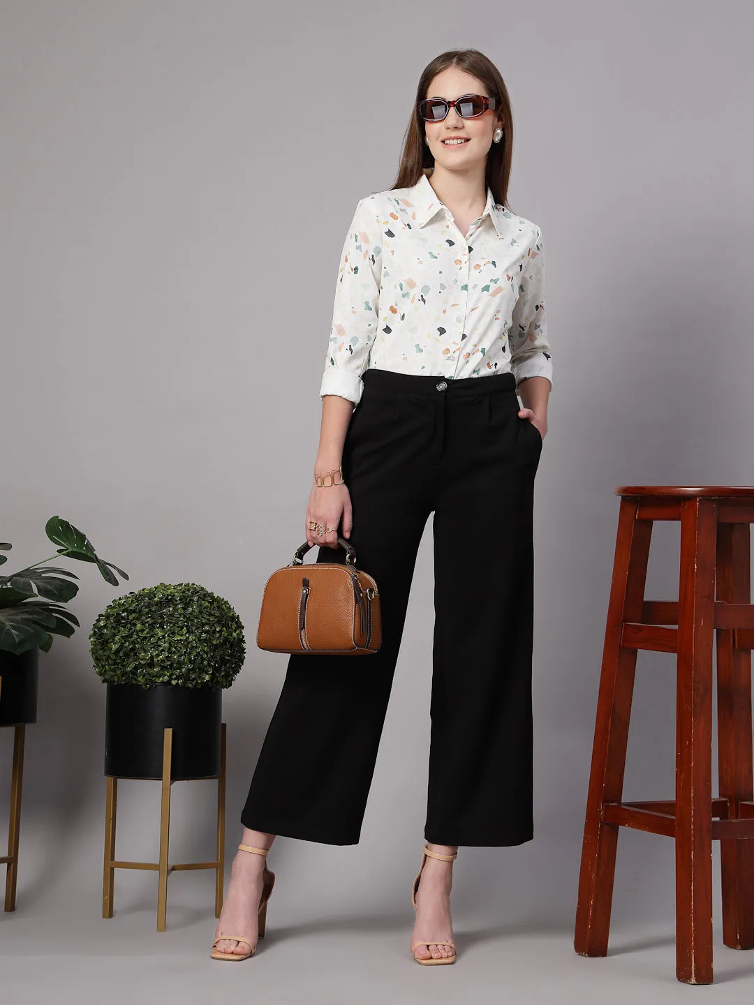 Style Quotient Women Off White Multi Printed Regular Fit Semi Formal Polyester Shirt