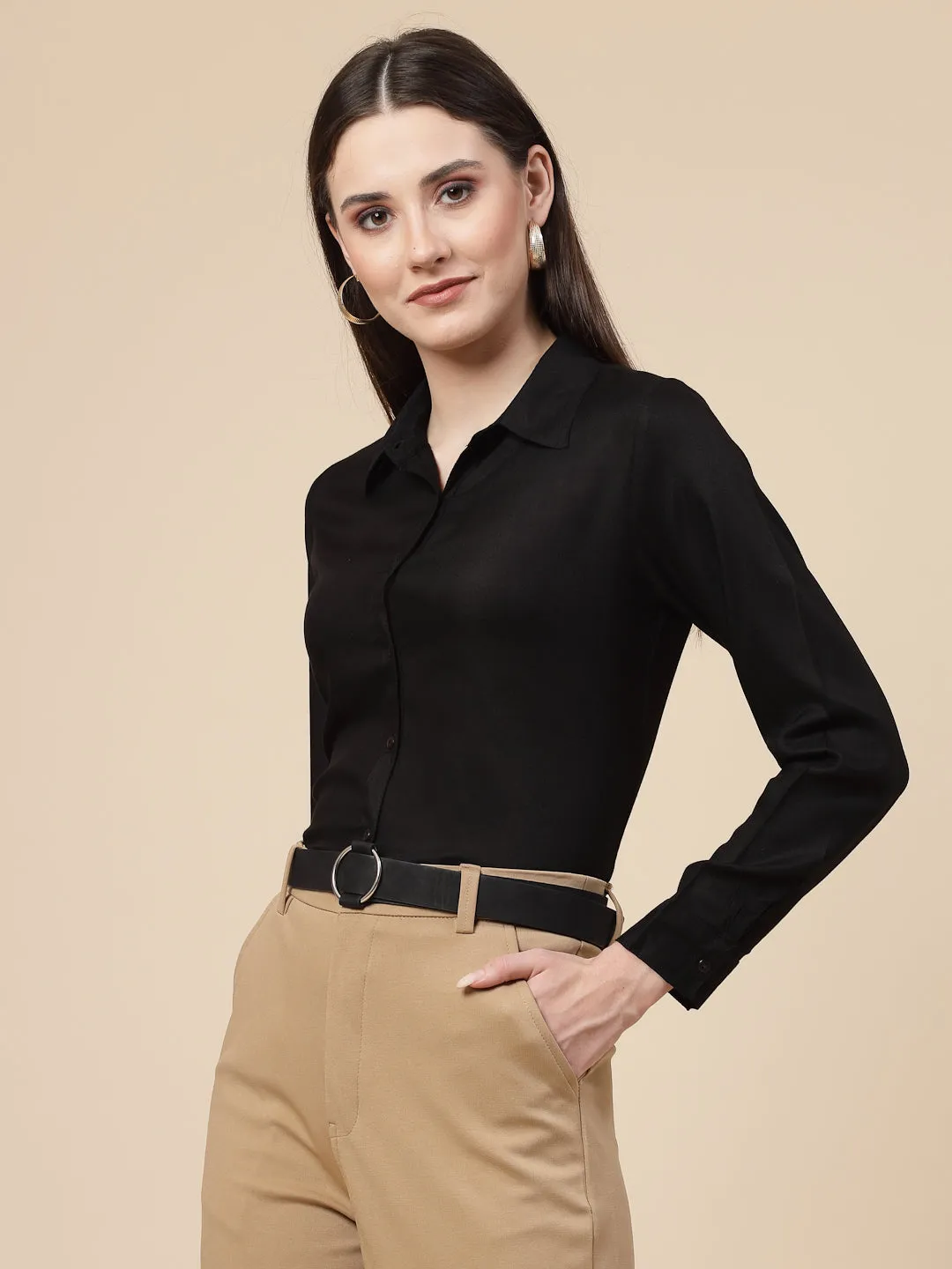 Style Quotient Women Solid Black Rayon Regular Shirt